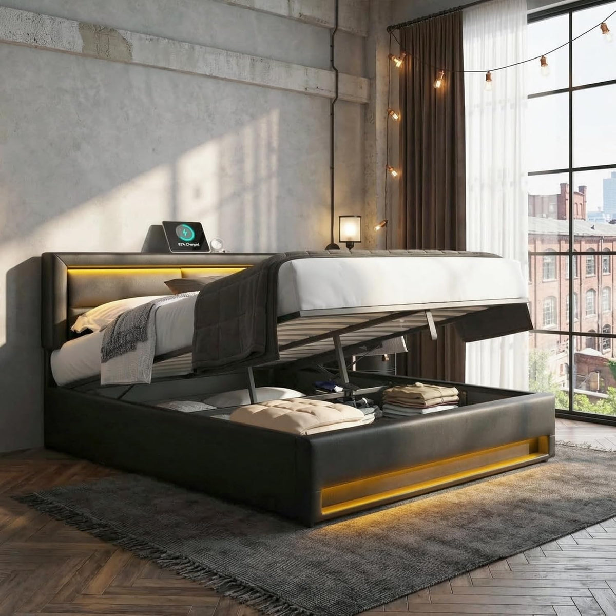 RIAZOS Bett, 140x200 cm, Schwarz, Polsterbett mit Bettkasten, Doppelbett mit Hydraulische Lagerung, Stauraumbett mit LED