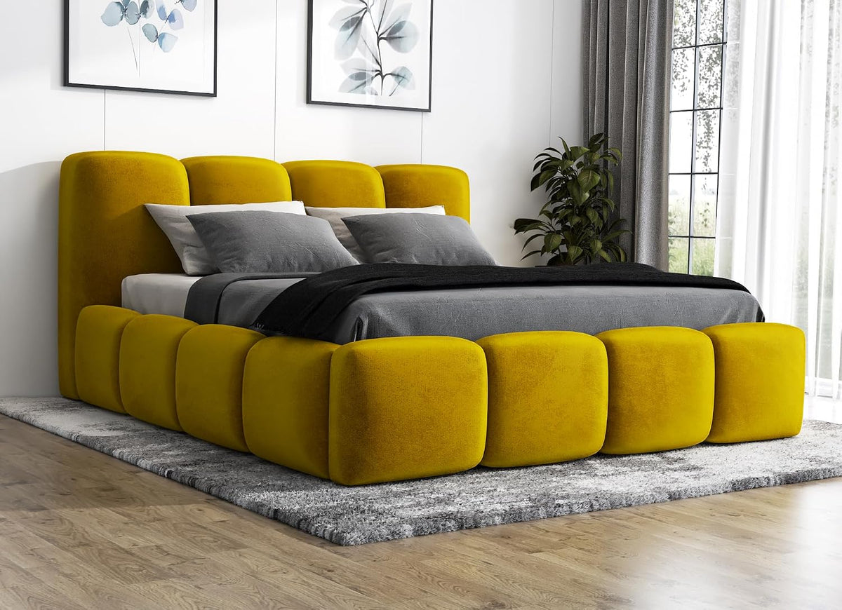 A&J MöbelLand Bett, Gelb, Polsterbett 120x200 mit Bettkasten und Lattenrost, DONA, mit Matratze und Stauraum in Goldfarben