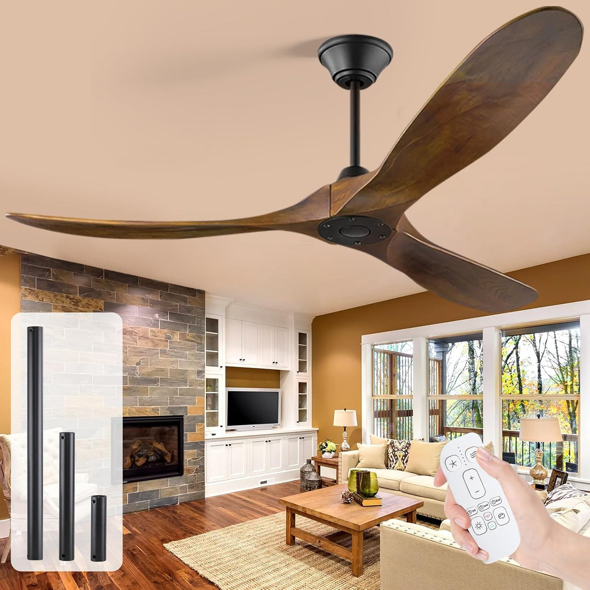 OUENGK Deckenventilator, 178 cm, Weiss, grosser Outdoor-, moderner rustikaler Holz- ohne Licht mit Fernbedienung