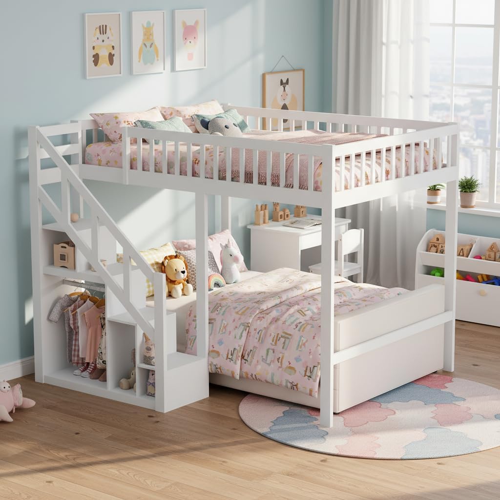 BLSYHDH Bett, 90 x 200 cm, Weiss, Etagenbett mit Treppe, Etagenbett für Kinder mit Staufach Kinderbett Hochbett