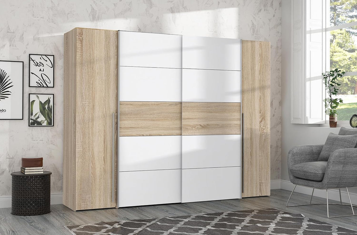 Kleiderschrank Forte, BxHxT ca.: 270 x 210 x 61 cm, zerlegt zur Selbstmontage kartonverpackt auf Palette frei Bordsteinkante, Weiss/Sonoma Eiche
