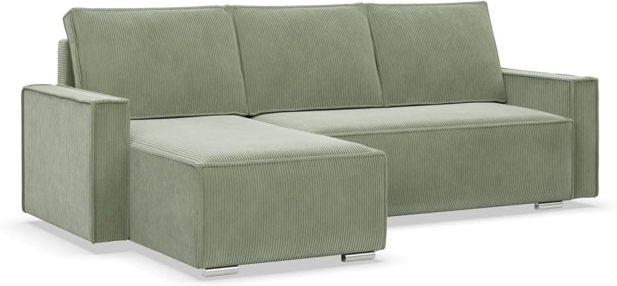 Sofa Mebligo, 231 cm, Grün, Ecksofa mit Schlaffunktion und Bettkasten NOTO, Cord L Form Breit, Eckcouch Cord mit Schlaffunktion
