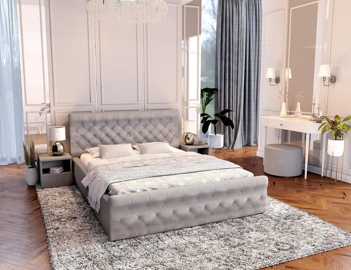 FDM Bett, 180x200 cm, Grau, Polsterbett mit Bettkasten 90x200 120x200 140x200 160x200, Stauraumbett aus Velours