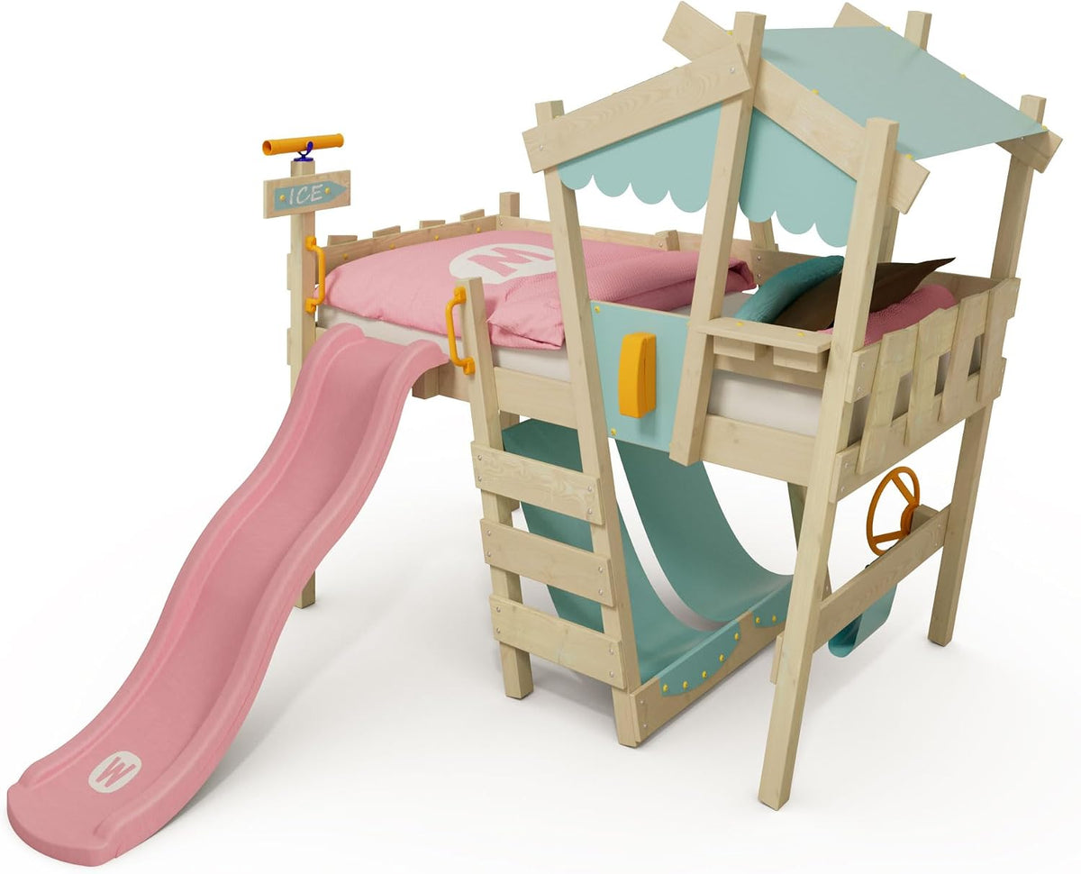 Wickey Bett, Pastellpink/Pastellblau/Holzfarben, Kinderbett Hochbett Crazy Snuggy - mit pastellpinker