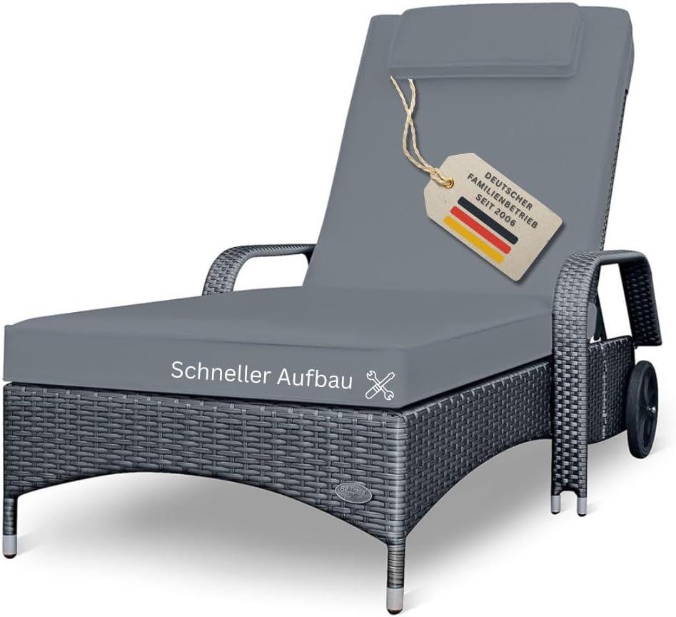 RS Trade Liegen, 200 kg, Grau, Sonnenliege Gartenliege Wetterfest Rattan, XXL Relaxliege extra breit mit Rollen & Armlehnen
