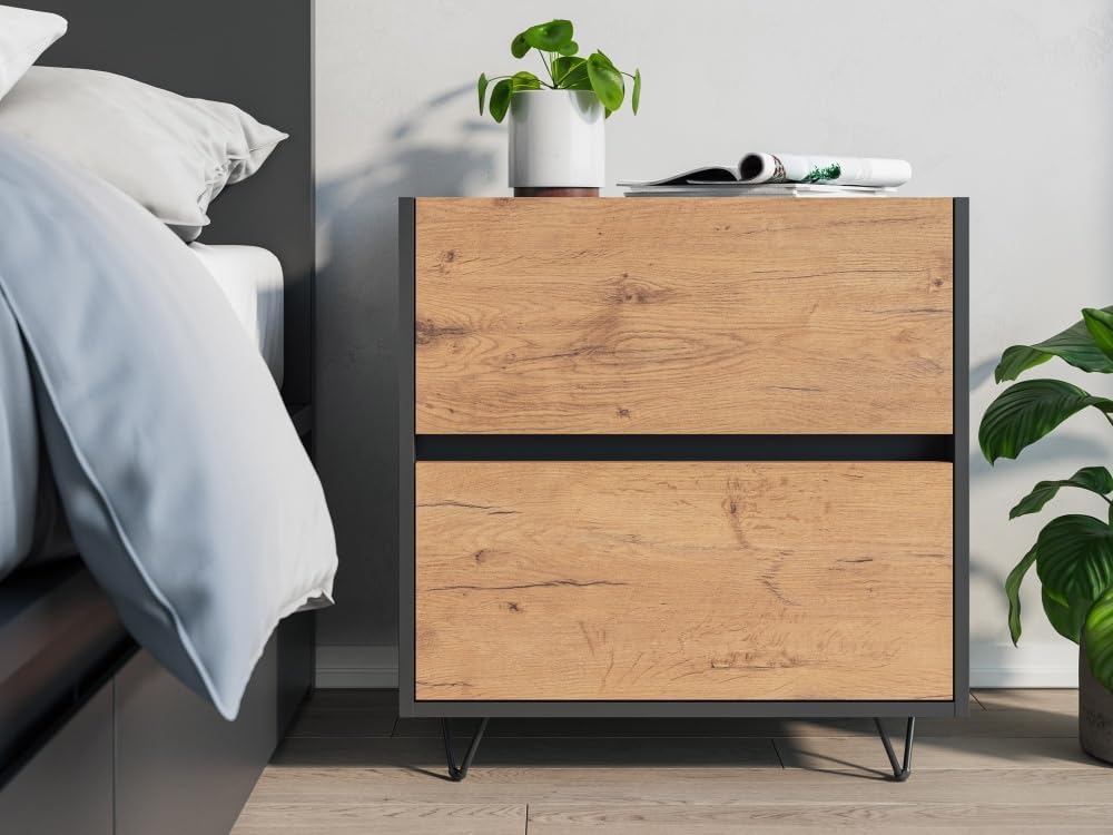 Magnolia Home Nachttische, 60 cm, Grafit/Eiche, Nachttisch Yako 2 SoftClose stehend Grafit & Eiche Front