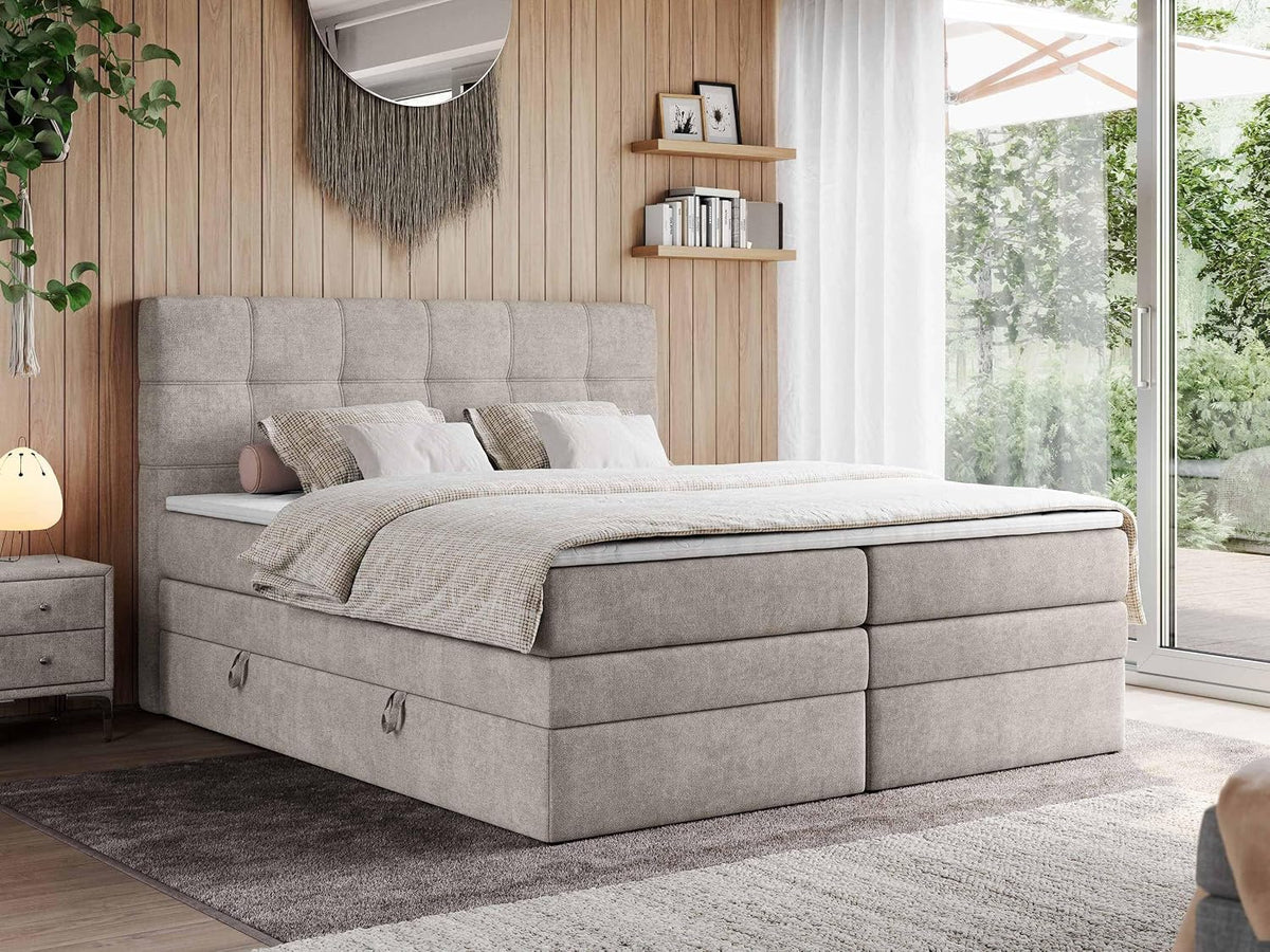MKS MEBLE Bett, Beige, Boxspringbett 180x200 mit Bettkasten und Kopfteil, mit Matratze H3 und Topper Visco - Boxbett - Struktur