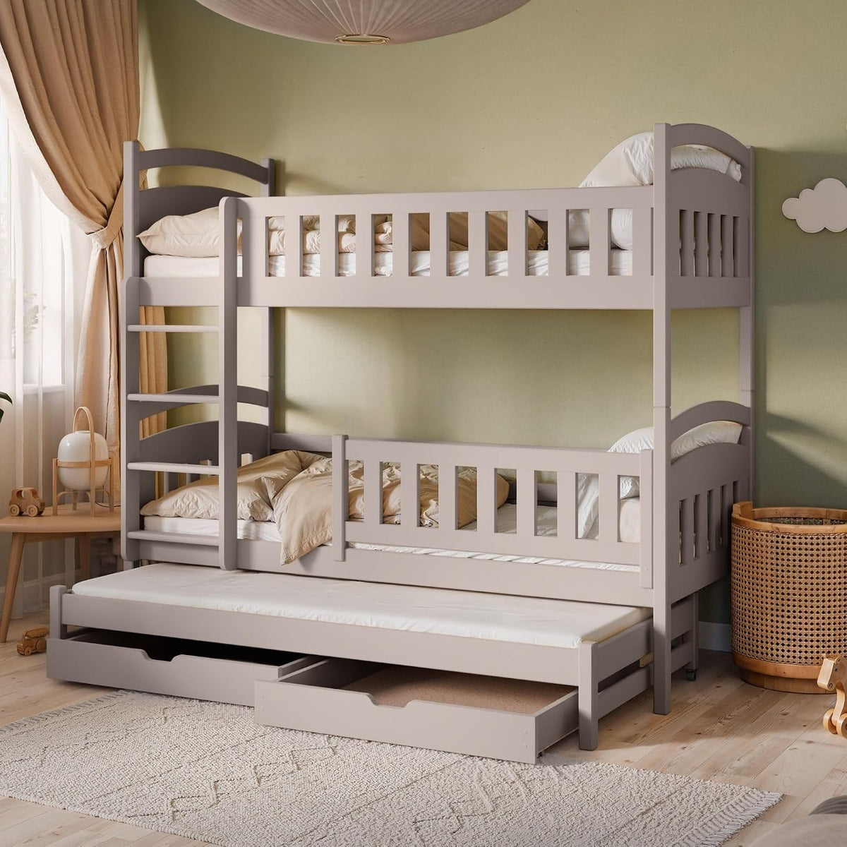 Kids Collective Bett, Rahmen FSC-Kiefernholz, Schubladen MDF, Kaschmir, Hochbett 90x200 Etagenbett Kinderbett Jugendbett Stockbett