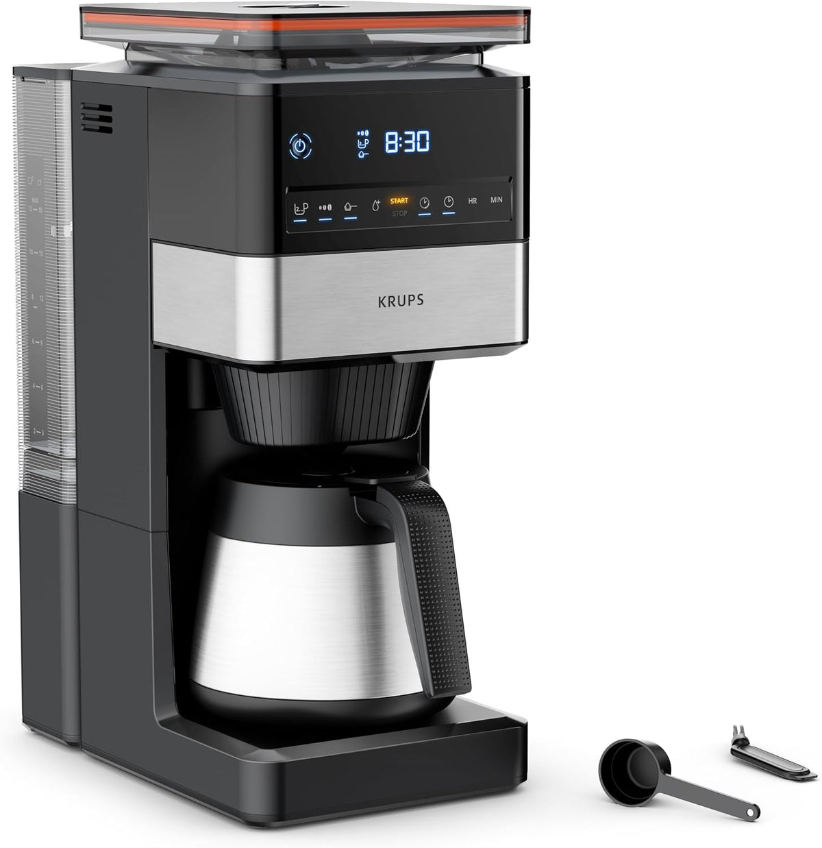 KRUPS Kaffeemaschine, 1,25 L, Silber/Schwarz, Grind Aroma XL Filterkaffeemaschine, abnehmbares Kegelmahlwerk, digitales Bedienfeld