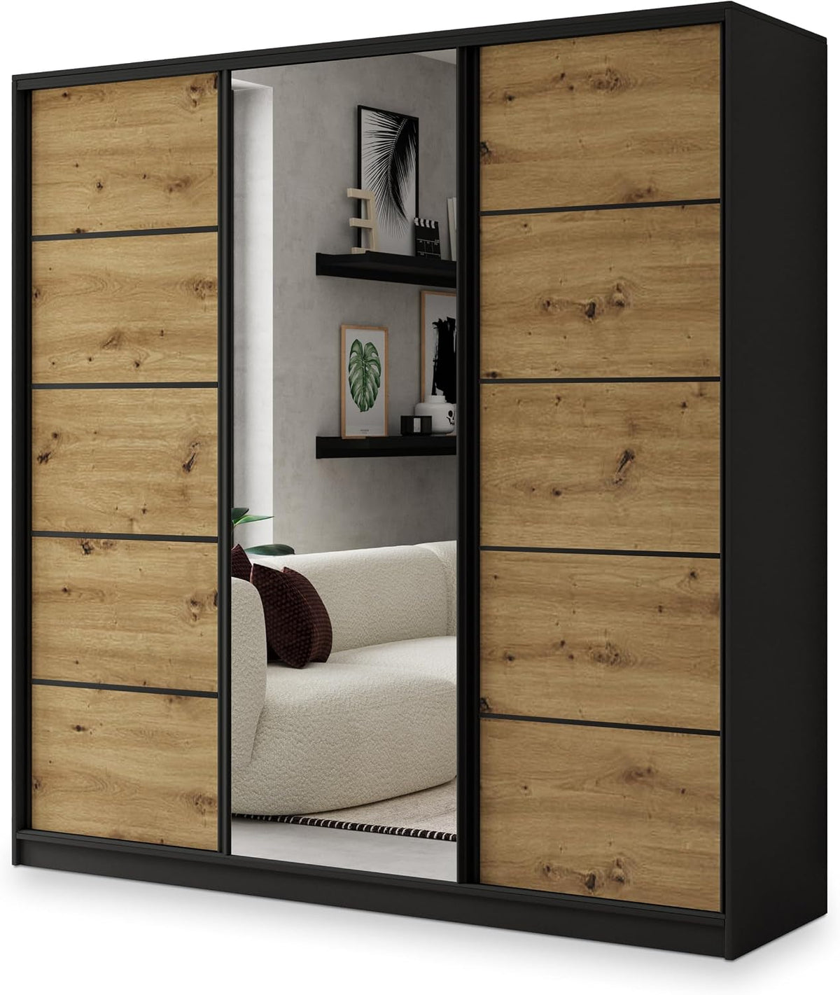 Kleiderschrank Masseno, 58 cm, Schwarz/Eiche, Schiebetürenschrank NATA 200/205/ mit 4 Schubladen