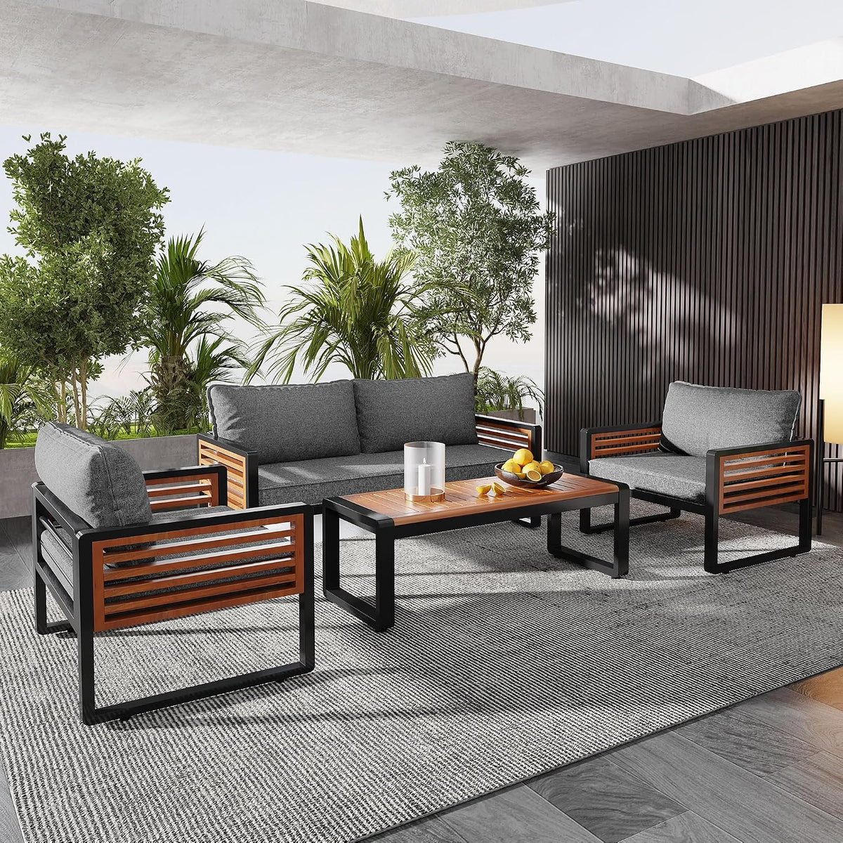 Gegtuon Essgruppe, Grau/Schwarz/Holz, Gartenmöbel Sitzgruppe 4-teilige für 4 Personen, Lounge mit Couchtisch und Stühle