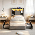 BRILVERDE Bett, 90 x 200 cm, Grau, Boxspringbett 90x200 mit Schubladen, Polsterbett mit LED/USB-Licht, Einzelbett mit Kopfteil