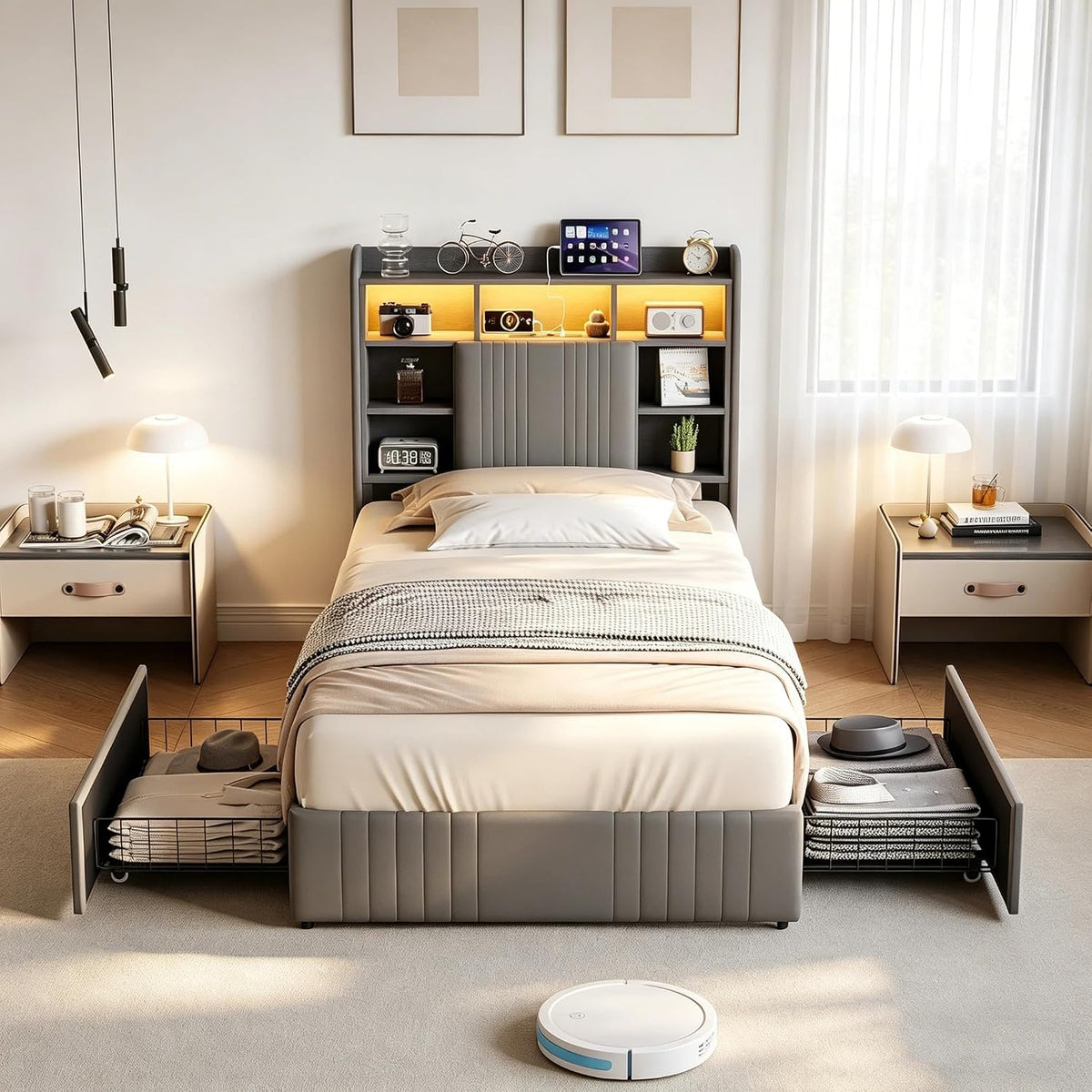 BRILVERDE Bett, 90 x 200 cm, Grau, Boxspringbett 90x200 mit Schubladen, Polsterbett mit LED/USB-Licht, Einzelbett mit Kopfteil