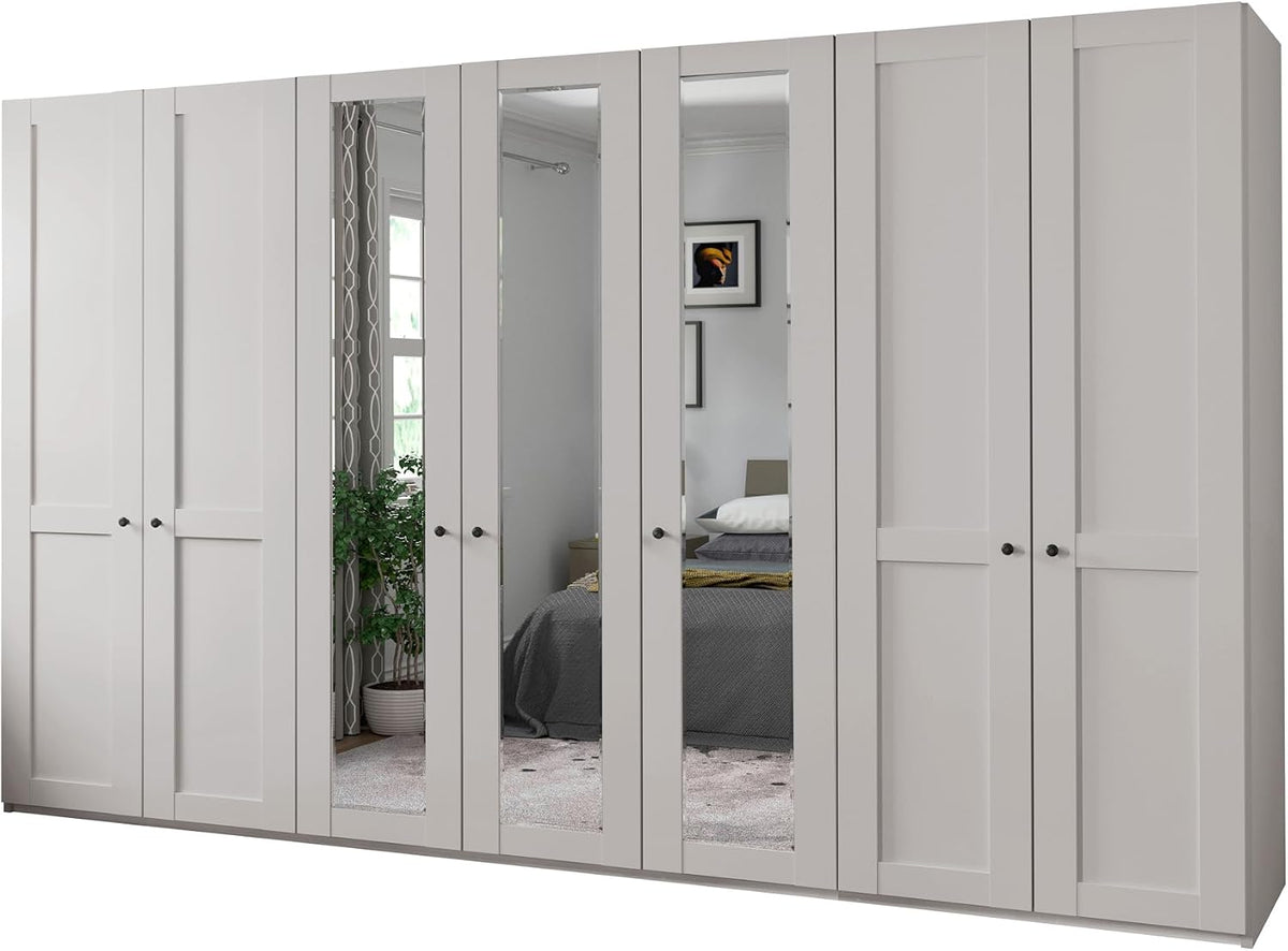 WIEMANN Kleiderschrank, 350 cm, 216 cm, Weiss, Drehtürenschrank mit 3 Spiegeltüren mittig, Landhausstil breit, Höhe