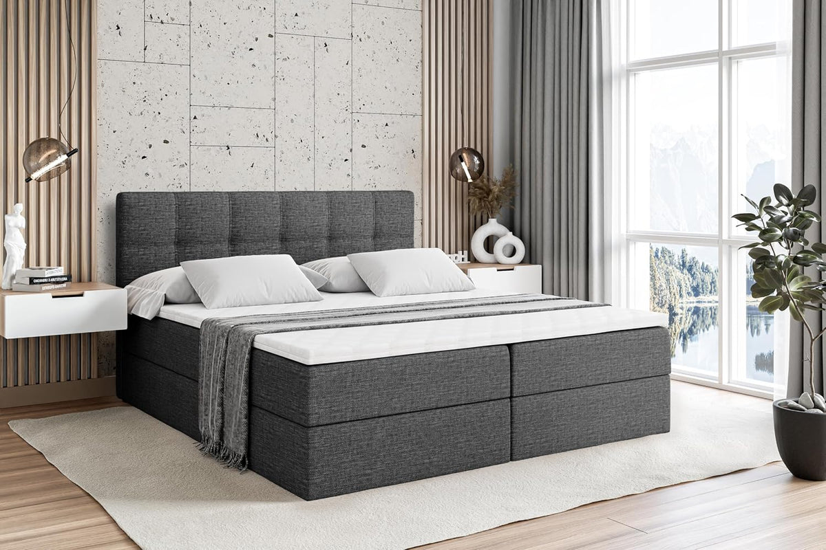 ALTDECOR Boxspringbett, Dunkelgrau, mit Matratze und Lattenrost, Boxbett, Topper, Polsterbett mit Bettkasten, Bett mit Stauraum H3-Matratze