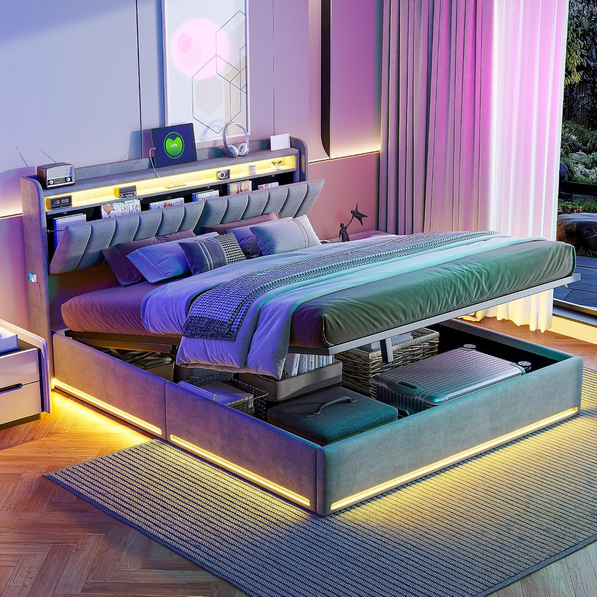 HNOUER Bett, 160 x 200 cm, 160x200 cm, Grau/Grün, Polsterbett Boxspringbett mit LED USB Aufladen Doppelbett