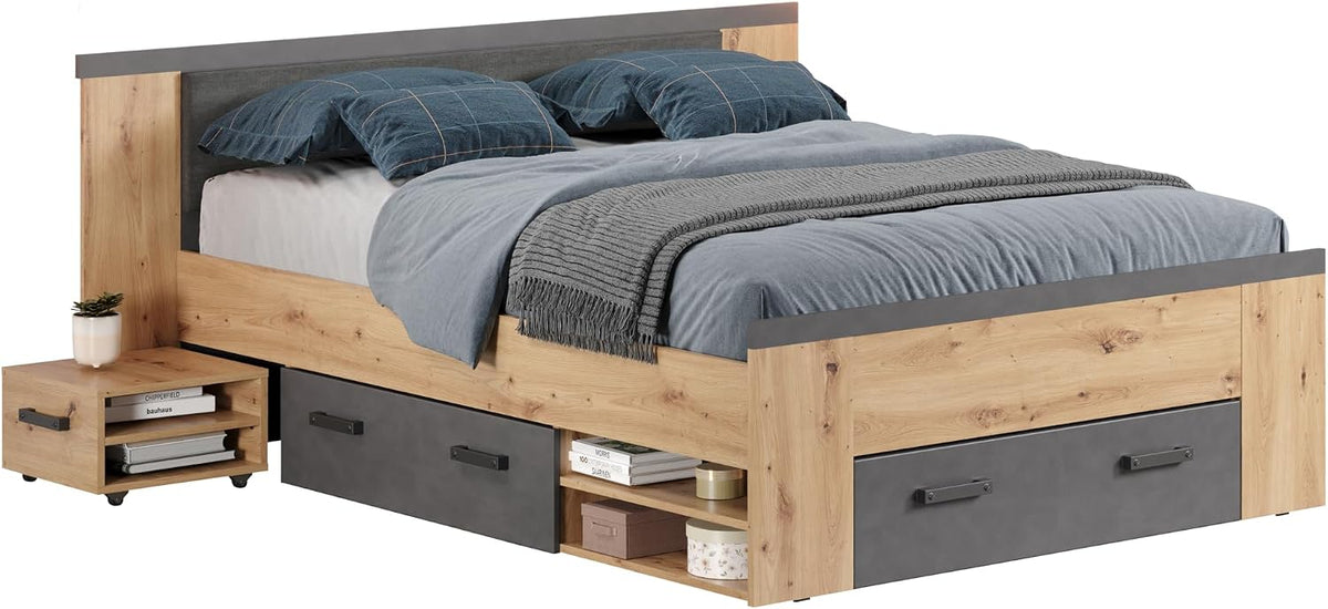 trendteam smart living Bett, 190 x 87 x 203 cm, 140x200 cm, Eiche/Matera, Follow - - Artisan - Ehebett mit 2 Nachttischen und 3