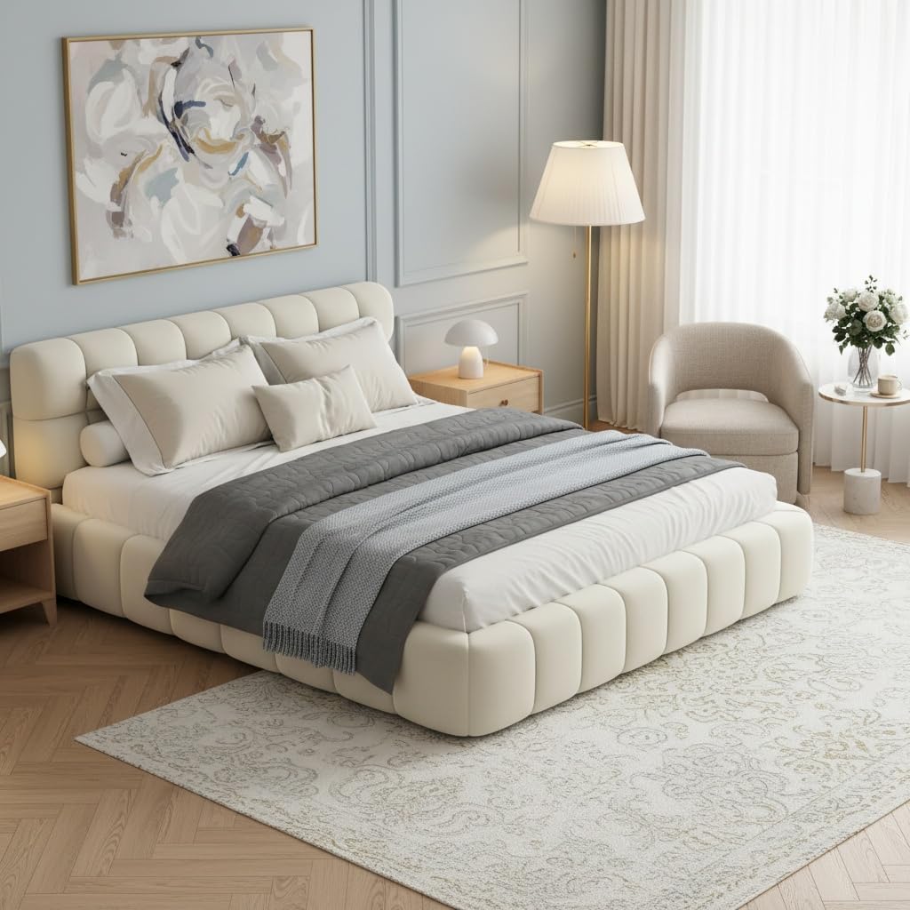 RXMORI Bett, 140x200 cm, Creme/Grau/Beige, Boden Polsterbett, Doppelbett mit Bettkasten, Bubble Jugendbett mit Lattenrost und Gepolstertes Kopfteil