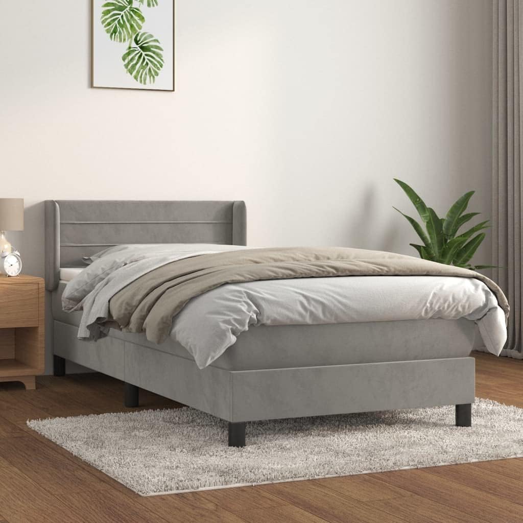 IKAYAA Boxspringbett, 90x190 cm, Samt (100% Polyester), massives Lärchenholz, Sperrholz, Holzwerkstoff, Hellgrau