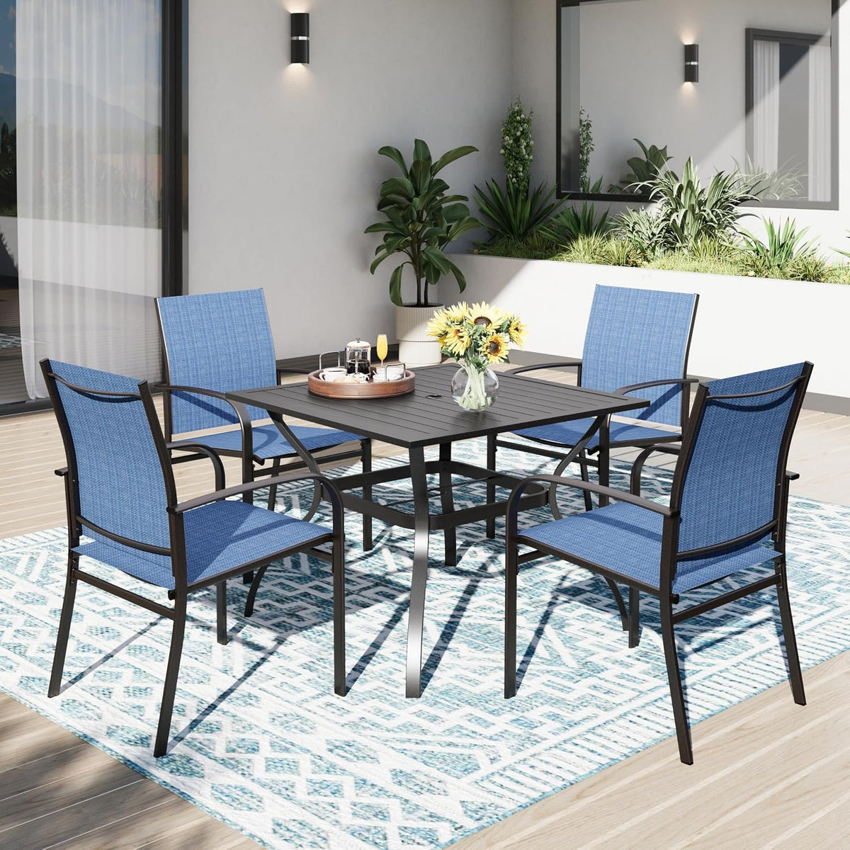 PHI VILLA Essgruppe, 94 cm, Blau/Schwarz, 5-Teiliges Gartentisch und Stühle Gartenmöbel für 4, Deck