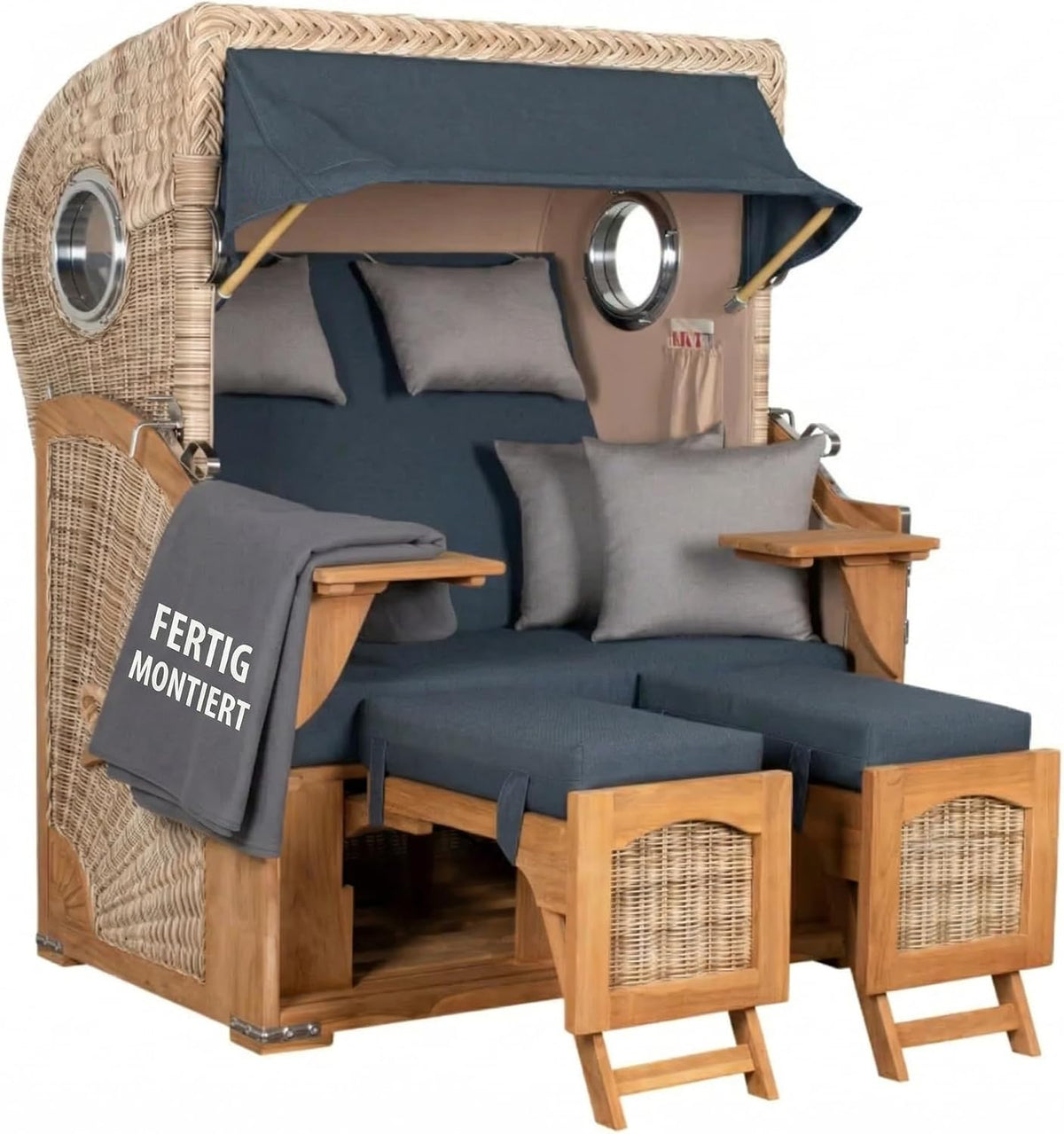 MR. DEKO Sitzbank, Beige/Blau, ® Strandkorb Düne Teak 2-Sitzer Bullauge, PE Geflecht Shell, Volllieger Strandstuhl verstellbar