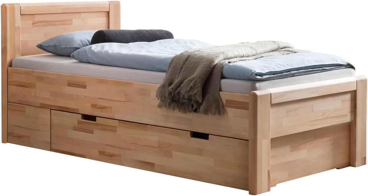 HOMELIV. Matratze, 90x200 cm, 160 kg, 48 cm, Natur, Ewen Seniorenbett Massivholz mit Schubkasten Komforthöhe, mit Auflageleisten