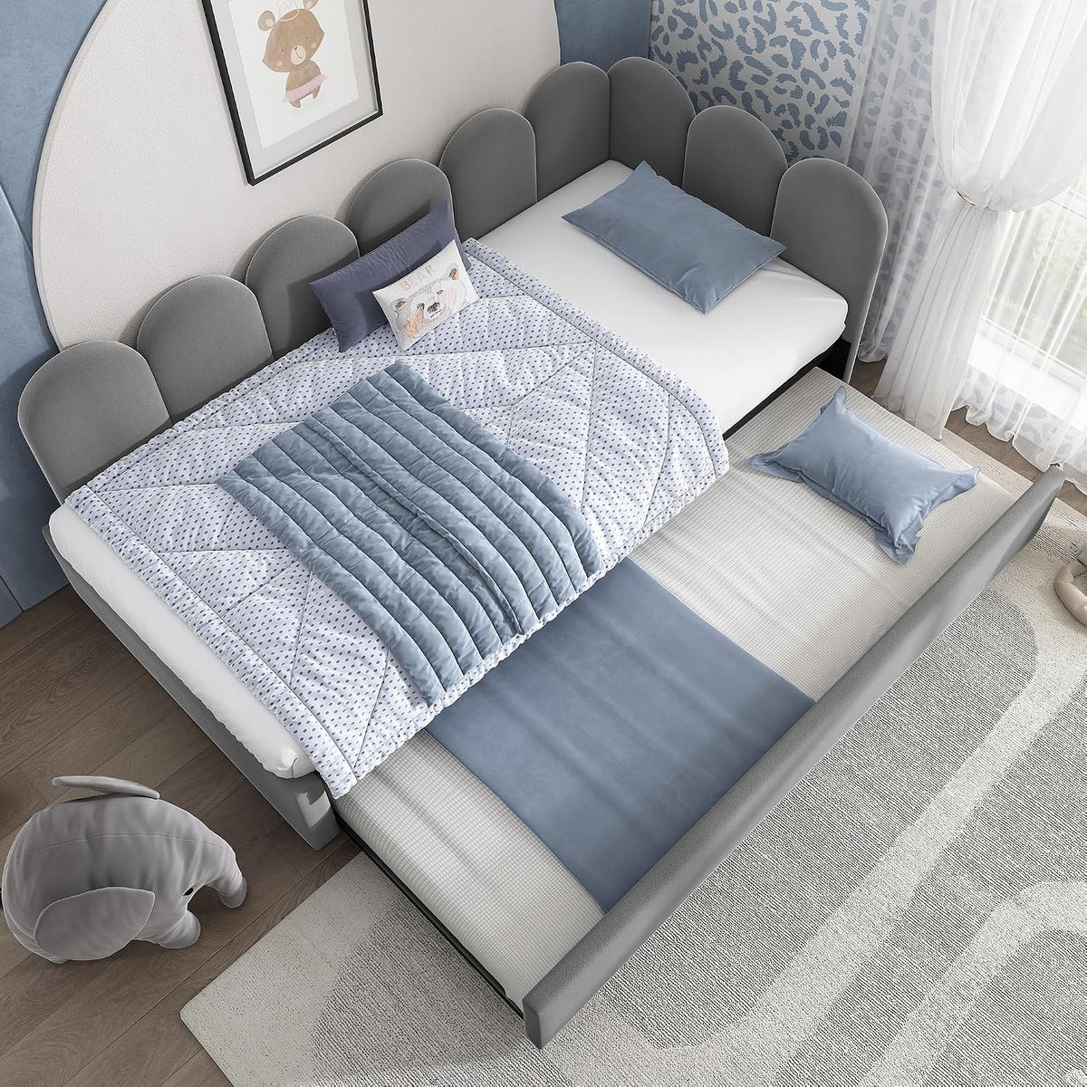 Arhatreya Matratze, 90x200 cm, 90x190 cm, Grau/Blau/Weiss, Schlafsofa, L-Form Daybett mit Ausziehbett, Polsterbett mit Lattenrost