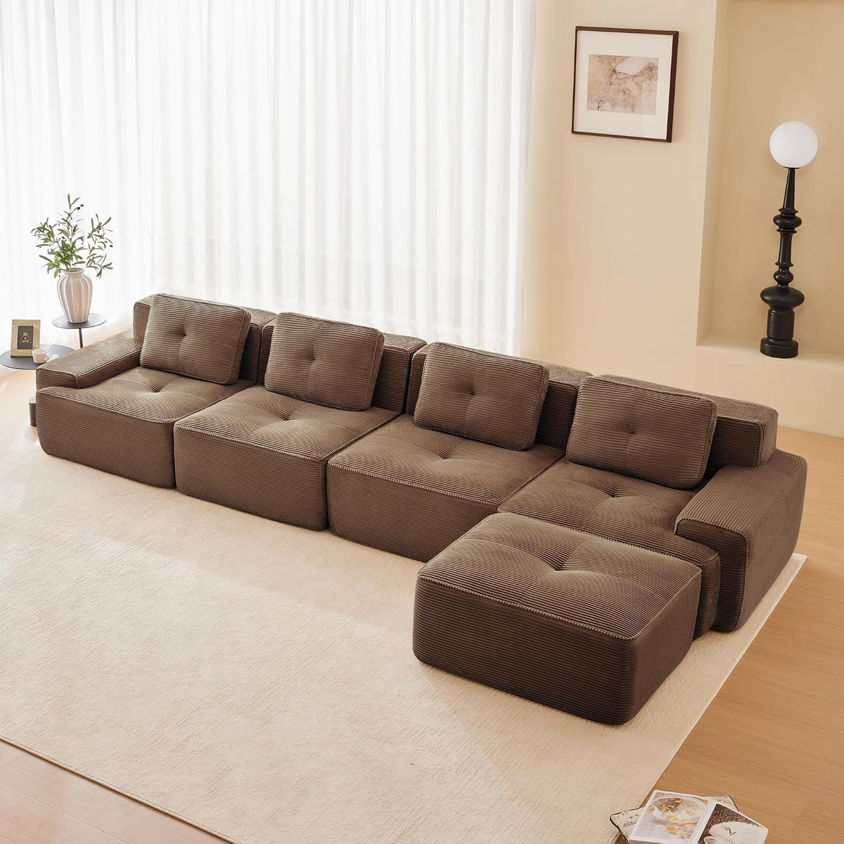 Dolamaní Sofa, Braun, Boneless Modular 4-Sitzer- + 1 Hockern Cord, montagefrei, Tiefem Sitz, L-förmiges, modernes Ecksofa Eckcouch Couch