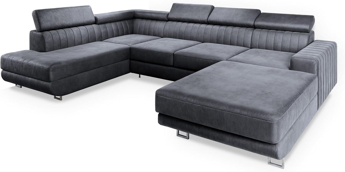 Masseno Sofa, Grau, Wohnzimmersofa, Ecksofa Siena L-S mit Schlaffunktion U-Form, mit Bettkasten, Couch, Soffa, Bettsofa