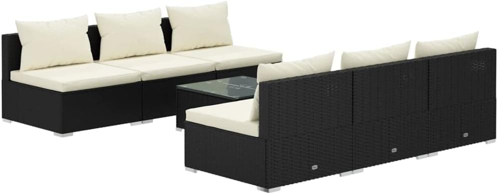 Sofa vidaXL, PE-Rattan, pulverbeschichteter Stahl, Kunststoff und Glas, Schwarz/Beige