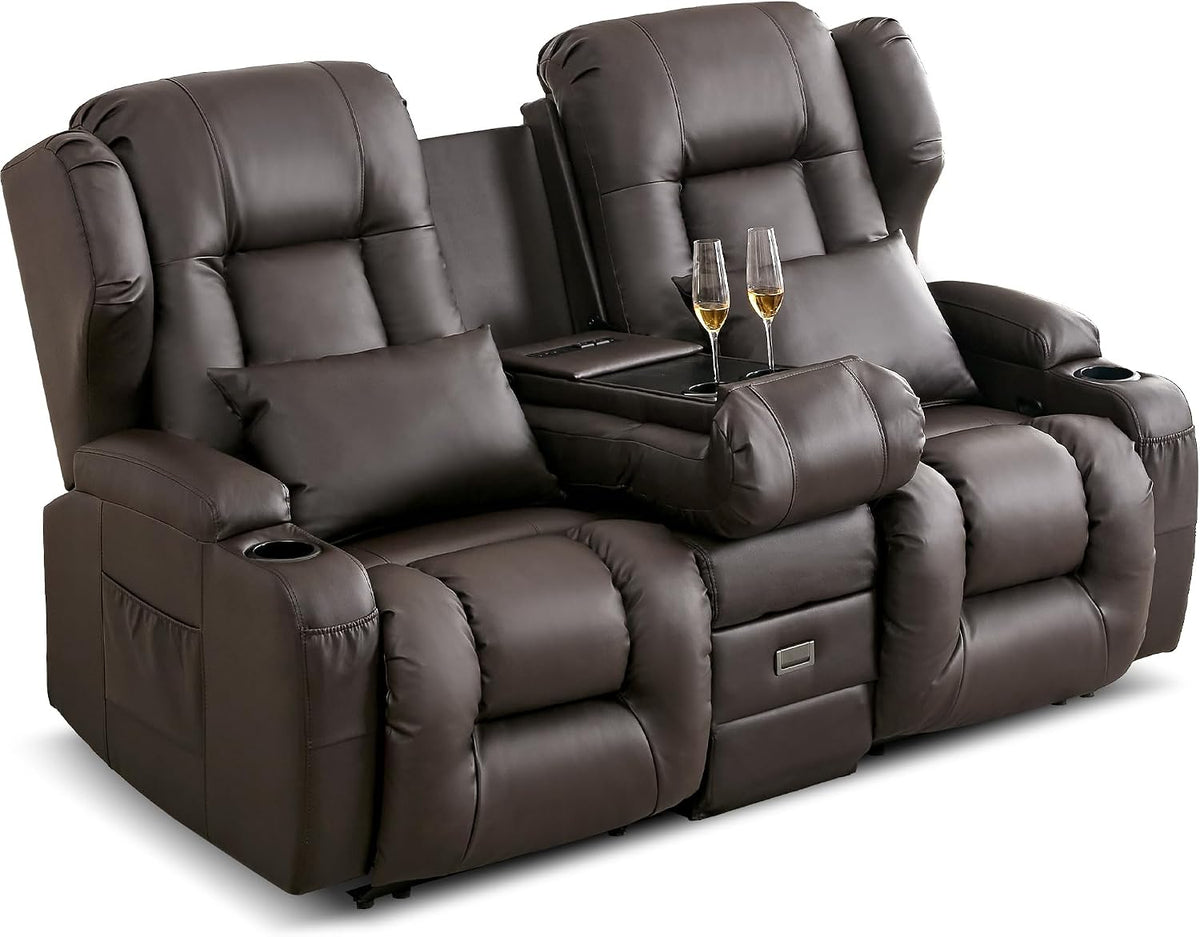 SITURAY Relaxsessel, 360 kg, Hellbraun, 2er mit Liegefunktion, Zweisitzer Fernsehsessel 2 Sitzer TV Sessel mit Konsole