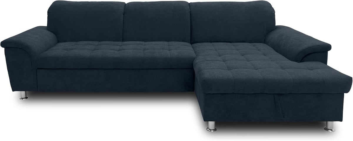 Sofa DOMO. collection, 279 x 170 x 81 cm, Dunkelblau, Ecksofa Franzi, Longchair rechts mit Rückenfunktion, Couch in L-Form