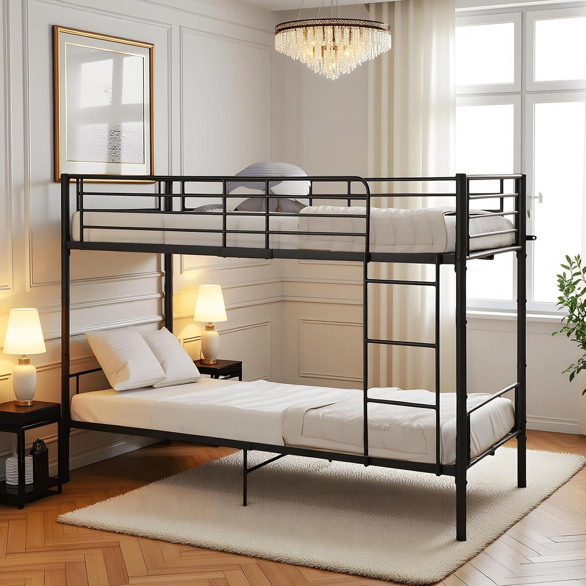 FetiNes Bett, Schwarz, Metall Etagenbett Stockbett 90x200 cm, Hochbett Metallbett Jugendbett Doppelstockbett