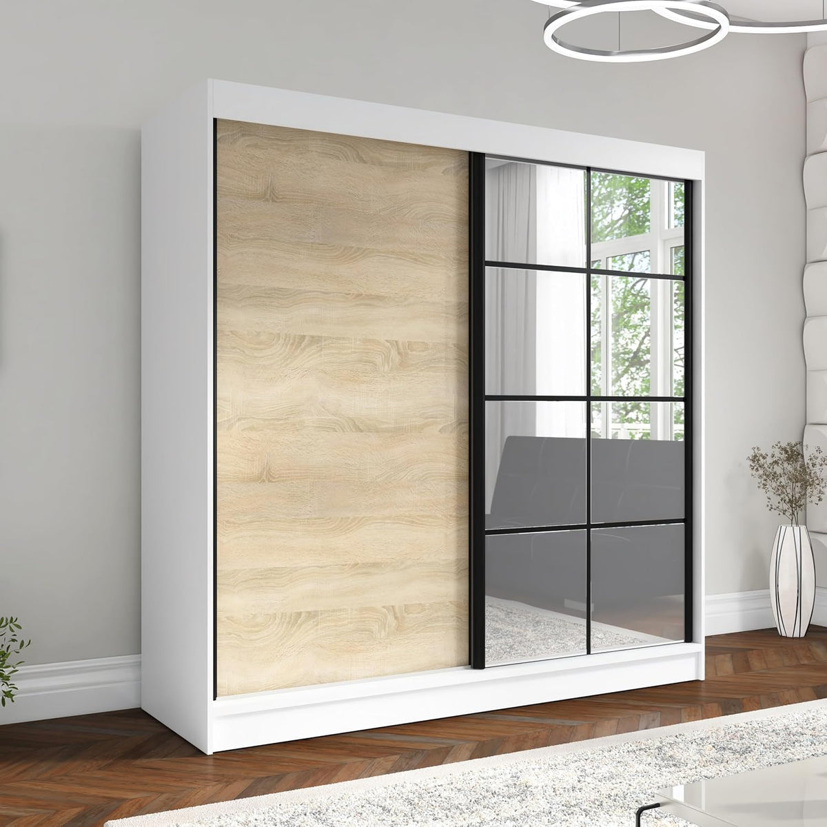 Kleiderschrank A&J MöbelLand, 200 cm, Weiss/Sonoma, Schwebetürenschrank TAVIRO 2-türig mit Schubladen und, Garderobe