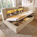 Dolamaní Bett, 90x200 cm, Beige, Polsterbett Schlafsofa mit hydraulischem Stauraum, L-förmigem Kopfteil mit LED-Beleuchtung und USB