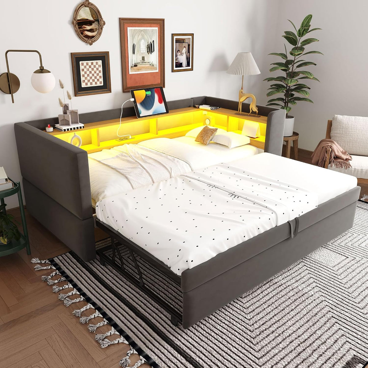 RIAZOS Bett, 180 x 190 cm, Dunkelgrau/Gelb, Polsterbett Ausziehbares Schlafsofa 90/, Einzelbett mit LED USB Steckdosen