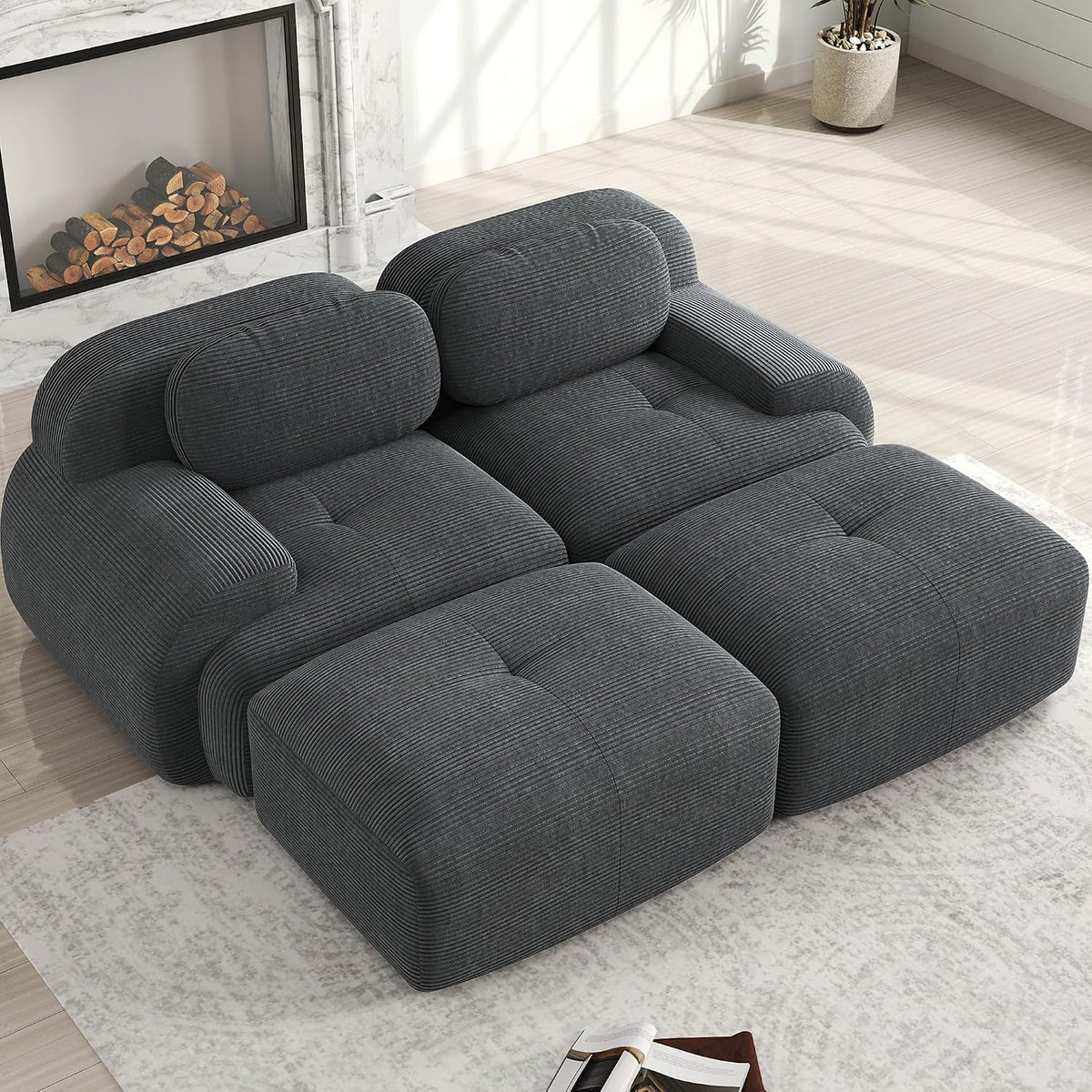 Sofa NuvlaGu, Grau, 2-Sitzer mit Chaiselongue aus Cord, Modulares Rahmenloses Lounge mit 32D Kaltschaum, Eckcouch für Wohnzimmer & Schlafzimmer