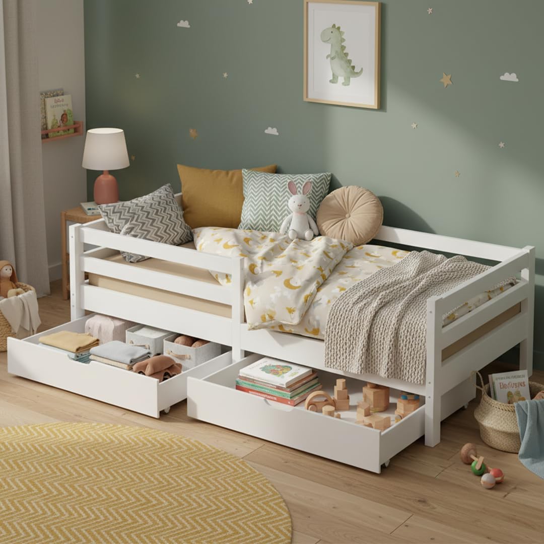 Bellabino Bett, 90x200 cm, Massivholz (Kiefer), Weiss, Iskri Kinderbett mit 2 Schubladen, Montessori mit Rausfallschutz & Lattenrost