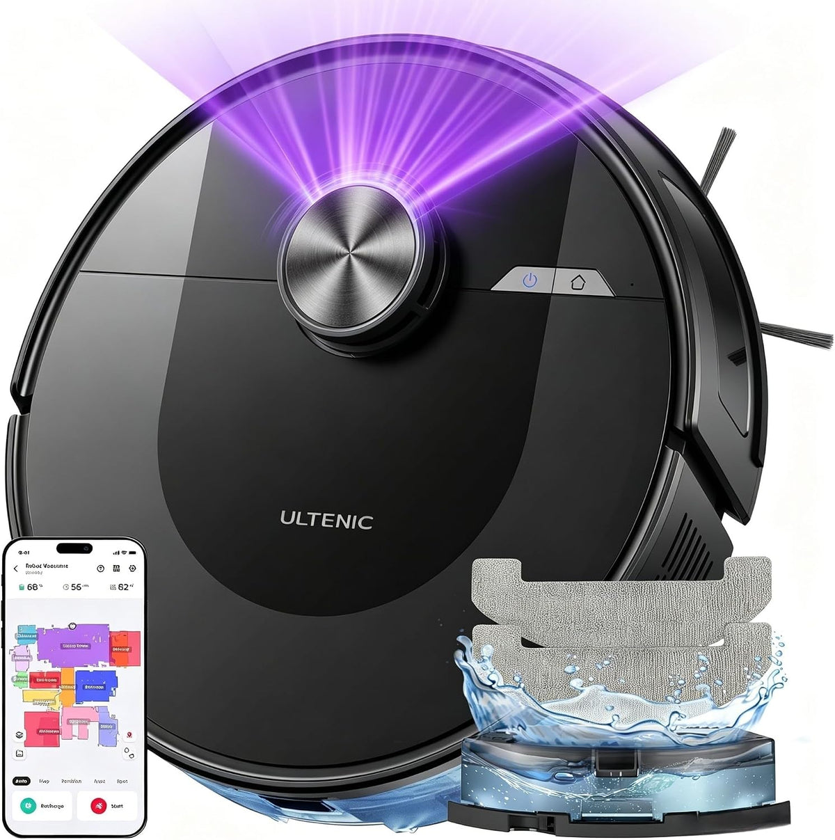 Ultenic Saugroboter, Schwarz, mit Wischfunktion, 8000Pa 180Min Laufzeit Staubsauger Roboter, 3 in 1 Saug und Wischroboter mit LiDAR Navigation &
