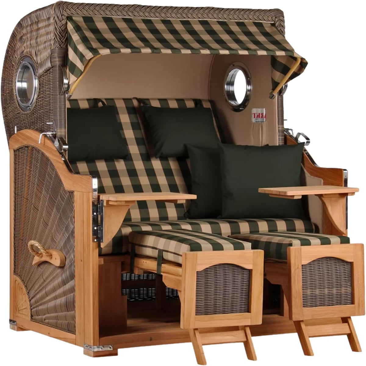 MR. DEKO Sitzbank, Braun/Grün, ® Strandkorb Düne Grande XL 2, 5-Sitzer Teak, Volllieger Strandstuhl mit Bullauge inkl. 2 Fussablagen