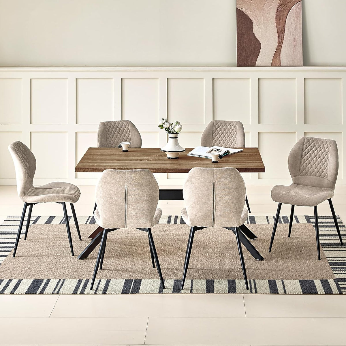JIJIAN Essgruppe, 140 x 80 x 76 cm, Beige/Schwarz, Essgruppen mit Dunkelbraun Holz Esstisch und 6 Brauner, für Esszimmer