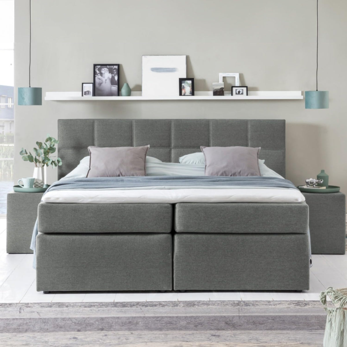Furniture for Friends Boxspringbett, 200x200 cm, Hellgrau, 3F Bea Härtegrad H2/H3, 7-Zonen Taschenfederkern Matratze + Visco Topper