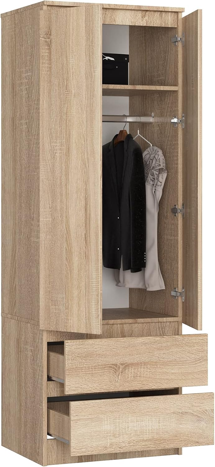 BDW Kleiderschrank, 180x60x51 cm, Eiche, mit 2 Türen, 2-türiger, 2 Schubladen - Aufbewahrungsschrank - Moderner Schrank