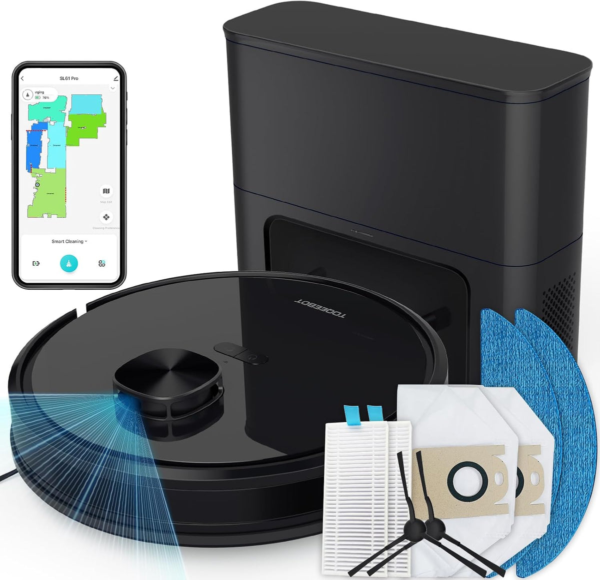 TOQEEBOT Saugroboter, Schwarz, selbstentleerender Saug- und Wischroboter, SL61Pro Komplettes Wartungsset, einschliesslich Haupt- und Seitenbürste