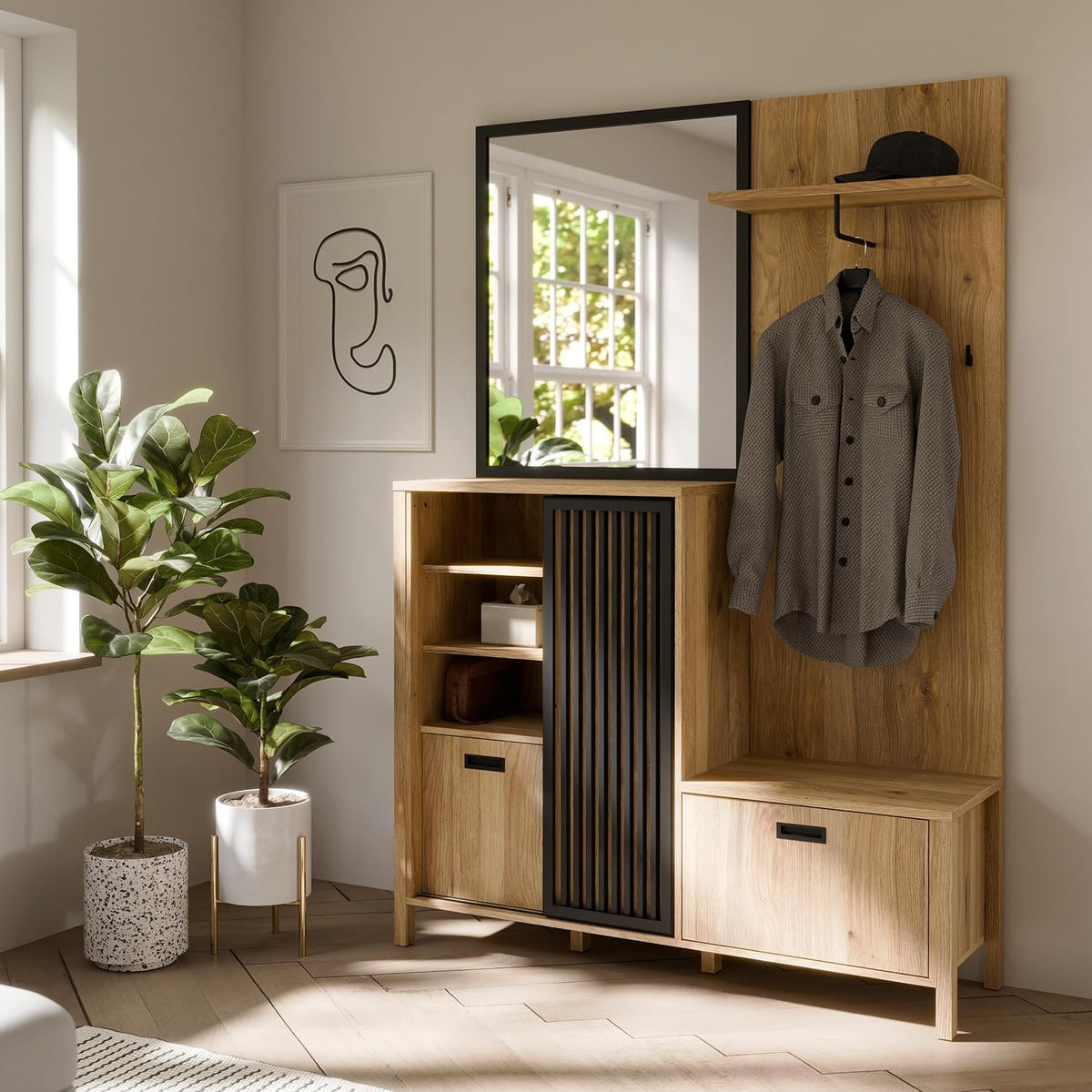 Forte Garderobenschränke, 200,3 cm, 40,2 cm, 132 cm, Eiche/Schwarz, JYTANA Garderobe 130, skandinavische Garderobe mit Spiegel