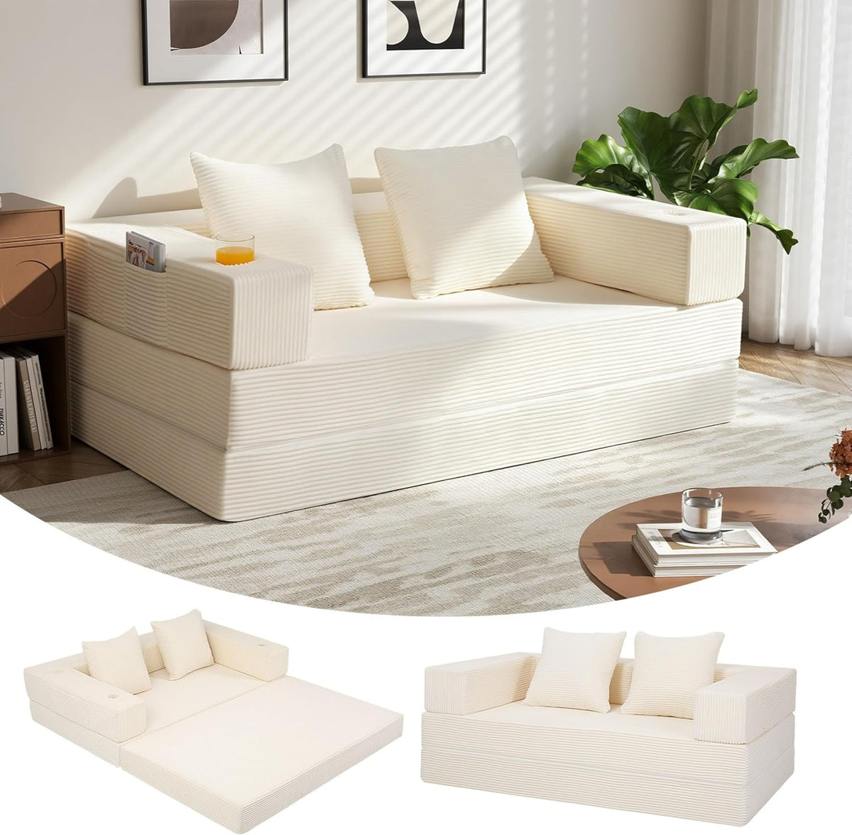 Sofa MeMoreCool, Beige, 4-in-1 Boneless Couch, Umwandelbares Schlafsofa mit Armlehnen, Faltbare Matratze und Schlafsessel