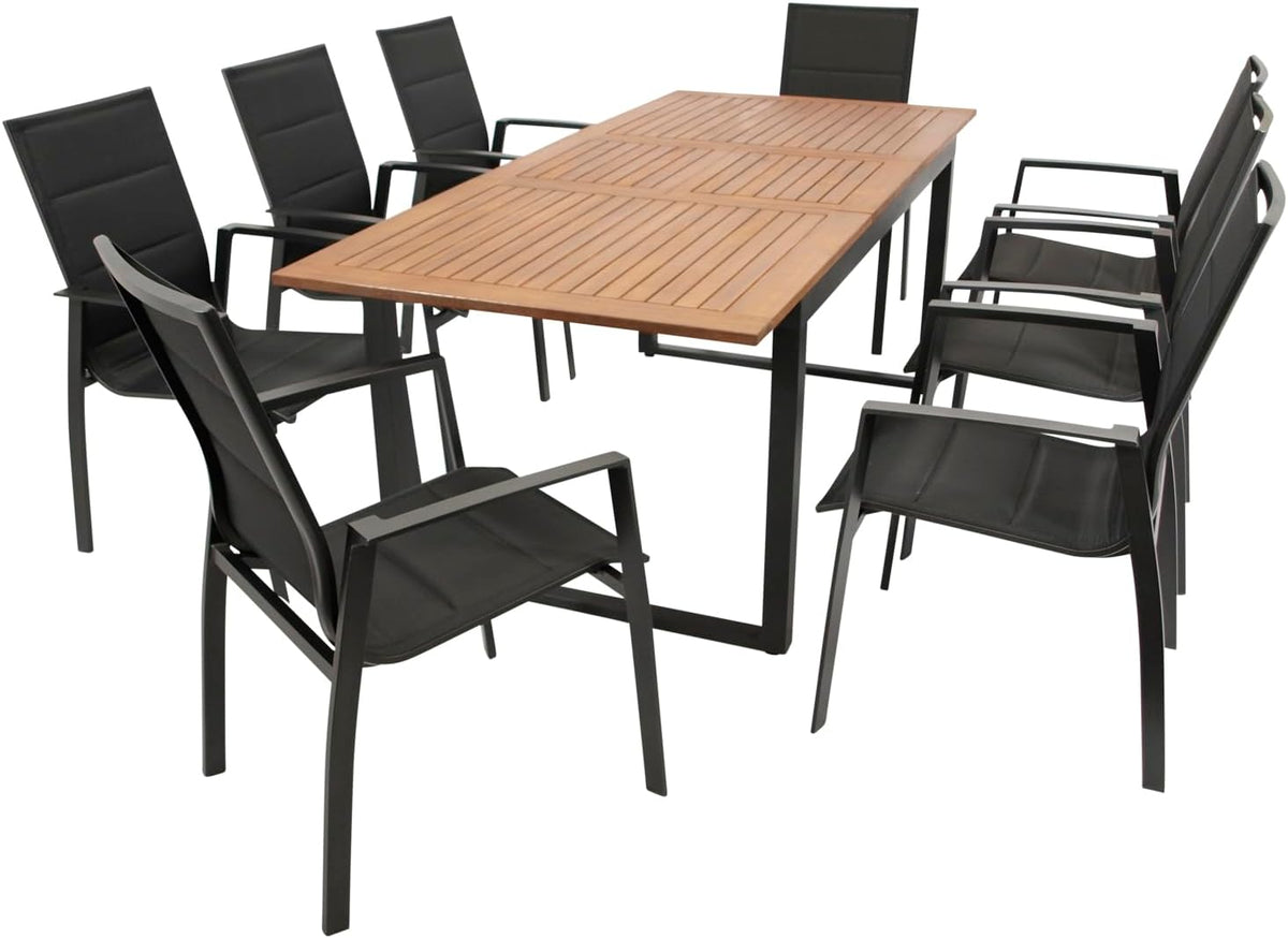DEGAMO Essgruppe, 200x90 cm, Anthrazit/Braun, Gartenset Garnitur RIVELLO 9-teilig (8X Stapelsessel, 1x Ausziehtisch 150/ )