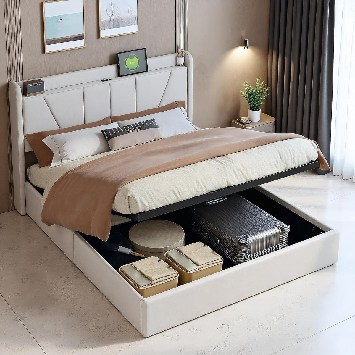 JiaOyu Bett, 160x200 cm, Beige, Doppelbett, Hydraulisch Stauraumbett Gepolstertes, Polsterbett mit USB-Ladestation