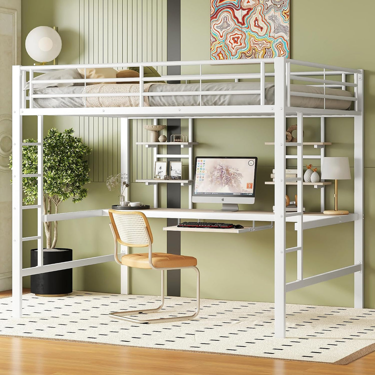 Gxffipw Bett, 140x200 cm, Weiss, Hochbett Jugendbett mit Schreibtisch und 2 Regal, Kinderbett mit Rausfallschutz
