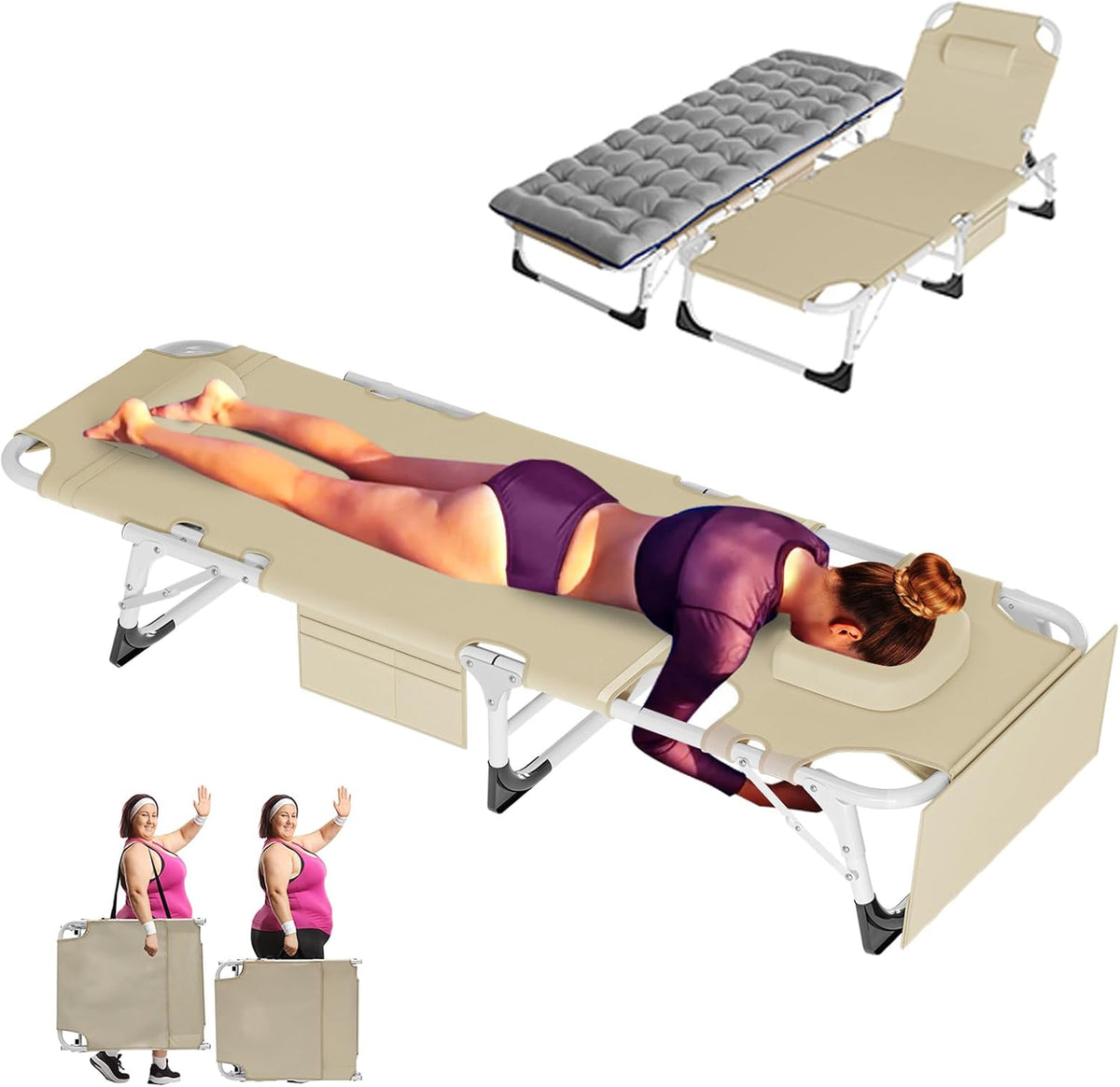 ABORON Bett, Beige/Grau, Klappbare Chaiselongue Stühle mit Gesichts-Armloch, Terrassen-Sonnen-Sonnenstuhl, verstellbar